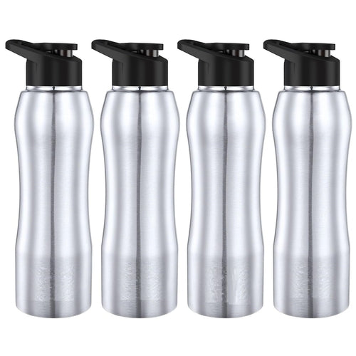 Steel Silver Water Bottle 1 Ltr with Sipper Cap Set of 4